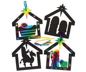 Baker Ross Nativity Scratch Art Decorations Pack of 8 - Christmas Decoration Craft Kit for Kids, Festive Craft Activities for Children (AR806)