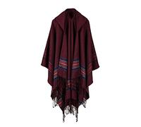 Bakerdani Poncho Capes with Hood Pashmina Cardigans Blanket Shawls with Tassels, Wine Red, One size:130*150cm