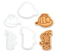 BAKERLOGY Fire Helmet & Fire Extinguisher Mini Cookie Cutter & Stamp Set - Firefighter Fondant Embosser for Cookies, Biscuits, Fire Station Party, Emergency Services Rescue-Themed Baking & Crafts