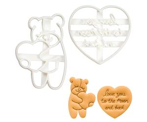 BAKERLOGY Love You to The Moon and Back in Cursive and Cute Bear Hugging a Heart Cookie Cutters - Detailed Biscuit Cutter Design for Baking and Crafts, Ideal on Fondant, Dough, Clay