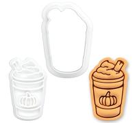 BAKERLOGY Pumpkin Spice Latte Mini Cookie Cutter & Stamp Set - Autumn Coffee Beverage Biscuit Cutter for Cookies, Fondant & Crafts