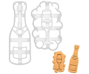 BAKERLOGY Set of 2 Champagne Bottle and Champagne Glass Cookie Cutters - Detailed Biscuit Cutter Design for Baking and Crafts, Ideal on Fondant, Dough, Clay