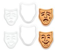 BAKERLOGY Set of 2 Comedy & Tragedy Mask Mini Cookie Cutter & Stamp - Theatre Drama Biscuit Cutter for Cookies, Fondant Cupcake Decoration & Crafts