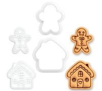 BAKERLOGY Set of 2 Cottage House & Happy Gingerbread Mini Cookie Cutter & Stamp Sets - Fondant Embossers for Cookies, Gingerbread House, Christmas, Holiday Baking, Cupcake Toppers