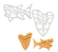 BAKERLOGY Set of 2 Megalodon Shark Cookie Cutters (Designs: Tooth & Shark) - Detailed Biscuit Cutter Design for Baking and Crafts, Ideal on Fondant, Dough, Clay