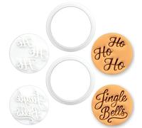 BAKERLOGY Set of 2 Mini Christmas Phrase Cookie Cutters & Stamps Set - Ho Ho Ho & Jingle Bells Round Biscuit Cutters for Cookies, Fondant, Gingerbread, Cupcake, Cake Decoration & Crafts