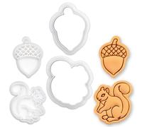 BAKERLOGY Set of 2 Squirrel & Acorn Mini Cookie Cutter & Stamp Set - Cute Woodland Animal and Nut Fondant Cutters for Autumn Baking, Fall Harvest, Garden Party, Cupcake Decorating Tool