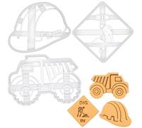 BAKERLOGY Set of 3 Construction Themed Cookie Cutters (Designs: Dig in Signage, Dump Truck, and Construction Safety Helmet)
