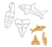 BAKERLOGY Set of 3 Shark Attack Theme Cookie Cutters (Designs: Great White Shark, Tooth and Bitten Surfboard)