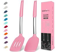 BakeRoyal Silicone Spatula Set - Turner Spatulas Silicone Heat Resistant 600°F - Slotted & Solid Spatula for Cooking Fish, Eggs, Pancakes Flipper - Spatulas for kitchen use - Pink