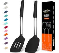 BakeRoyal Silicone Spatula Set - Turner Spatulas Silicone Heat Resistant 600°F - Slotted & Solid Silicone Spatulas for Cooking Fish, Eggs, Pancakes Flipper - Silicone Cooking Utensils Set - Black