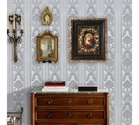 Baketron Grey Luxury Retro Floral Embossed Wallpaper Feature Gothic Damask Metallic Silver Grey Flock Textured Wallpaper Roll for Bedroom, Living Room, Hallway and Stairs