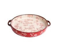 Bakeware for Lasagna Double-Handled Round Baking Pan Hand-Painted Cherry Blossoms Beaded Edge for Desserts Pizza Cake Pan(Red,Small)