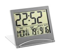 BakeWhiz Digital LCD Clock Alarm Foldable Desk Clock Bedside with Date Day Temperature Display Christmas Thanksgiving Creative Portable Compact Bedside Office Small Clock Battery Operated Silver