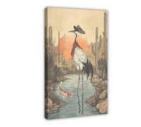 BAKHFTR Cowboy Crane Poster - East-West Surreal Bird Art in Desert Oasis Canvas Poster Wall Art Decor Print Picture Paintings for Living Room Bedroom Decoration 20x30inch(50x75cm)
