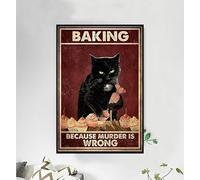 Baking Because Murder Is Wrong Black Cat Chef Retro Metal Tin Sign 8X12 Inches