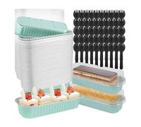 Baking Cups 50Pcs Mini Cake Pans Set with Lids and Fork Spoons 200ml Foil Rectangle Baking Cups Aluminum Loaf Portable Bread(Blue)