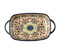 Baking Dish, 1900ml Heat-Resistant Ceramic Oven Dish with Dual Handles, Flower Print Rectangle Lasagne, Non Slip Washable Casserole Dishes for Oven