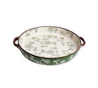 Baking Dish for Cooking Double-Handled Round Baking Pan Hand-Painted Cherry Blossoms Beaded Edge for Desserts Pizza(Green,Small)