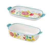 Baking Dishes Colorful Hand-Painted Floral Double-Handled Baking Pan with Lid Rectangular Tableware Cheese Baked Rice