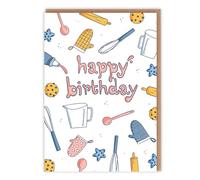 Baking Lovers Theme Birthday Card - Cute Illustrations of Baking Essentials 'Happy Birthday' - Cute Birthday For Her For Him