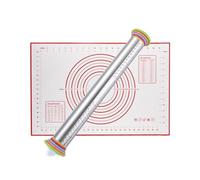 Baking Pastry Mat Stainless Steel Rolling Pin 17 Inch Adjustable Pins Silicone Baking Mat Cookie Dough Pastry Pizza Pie Roller(Red Set)