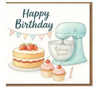 Baking Queen Birthday Card - Happy Birthday Mixer, Victoria Sponge and Cupcakes - Cute Baking-Themed Card for Her, Mum, Sister or Friend
