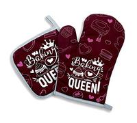 Baking Queen，Oven Mitts and Pot Holders Sets of 2，Queen of The Kitchen,Kitchen Gift for Women，Friend Birthday Gift，Birthday Gifts for Bakers Mom, Wife, Girlfriend, Grandma