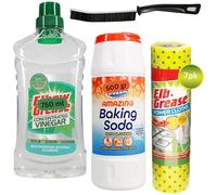 Baking Soda and White Vinegar for Cleaning Bundle - Including Bicarbonate of Soda for Cleaning, White Vinegar Concentrate, Non-Scratch Power Cloths and Soft Bristle Long Handle Cleanin