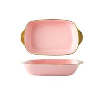 Baking Tray Exquisite Household Double Handle Plate High Temperature Resistant Dish Ceramic Tableware Baking pan(Pink)