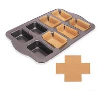 Baking Tray Set, 8 Cavity for MINI Bread Pan with 200 Liners, Non-Stick Carbon Steel, Even Heating, Ergonomic Handle, Keto Lunch