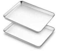 Baking Tray Set of 2, Bastwe Stainless Steel Oven Trays, Rectangle Baking Sheets Pans Perfect for Cooking Serving, Non Toxic & Rust Free, Mirror Finished & Dishwasher Safe (9 x 7 x 1 inch)