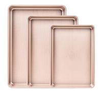 Baking Tray Set of 3, Champagne Gold Non-Stick Carbon Steel Oven Trays, Heavy-Duty Baking Sheets with Even Heat Distribution for Biscuits, Cookies and Roasting