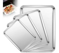 Baking Tray Set of 4, Stainless Steel Rectangle Oven Trays, Easy Clean & Dishwasher Safe Cookie Sheet Pan, Mirror Finished Non Toxic Trays, Heavy Duty Tray for Cooking, Roasting, Serving