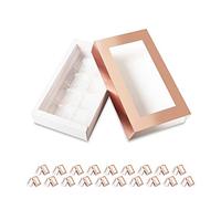 BAKIPACK 20 Rose Gold Truffle Box, Chocolate Box Packaging, Candy Boxes with 8-Piece Plastics Tray (Tray Size with 5.75x2.75 Inches), Pull Out Packing with Clear Window Sleeves