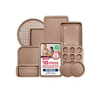 BAKKEN 10-Piece Kitchen Baking Pan Set - Commercial Grade Carbon Steel Bakeware, with Nonstick Coating, Stackable and Space-Saving Design, PFOA, PFOS, PTFE Free, Oven Safe Tray (Up to 450°F), Brown
