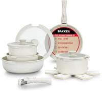 Bakken 15-Piece Non-Stick Cookware Set with Detachable Handles - Granite Stackable Pots and Pans Set, Dishwasher Safe, Oven-Safe, and Compatible Kitchen Essential for All Stoves - Cream