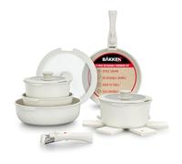 Bakken 15-Piece Non-Stick Cookware Set with Detachable Handles - Granite Stackable Pots and Pans Set, Dishwasher Safe, Oven-Safe, and Compatible Kitchen Essential for All Stoves - Cream