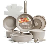 Bakken 17-Piece Ceramic Coated Aluminum Cookware Set, Nonstick Pots and Pans with Lids, Silicone Cooking Utensils & Oven Mitts, All Stovetop Safe Up to 500°F, PTFE & PFAS Free, Dishwasher Safe