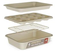 Bakken 4-Piece Bakeware Sets, Nonstick Carbon Steel Baking Sheet, Stackable Space-Saving Bakeware, Dishwasher Safe, Stain-Resistant, PFOA, PFOS, & PTFE Free, Oven Safe Up to 450°F, White Marble