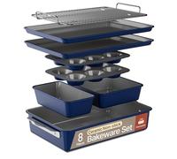 Bakken 8-Piece Ceramic Coated Bakeware Sets, Nonstick Aluminized Steel Pans with Muffin, Loaf, Cake, Roasting Pan, & Cooling Rack, Oven Safe Up To 500°F, Dishwasher Safe, BPA, PTFE & PFAS Free, Blue