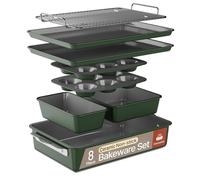 Bakken 8-Piece Ceramic Coated Bakeware Sets, Nonstick Aluminized Steel Pans with Muffin, Loaf, Cake, Roasting Pan, & Cooling Rack, Oven Safe Up To 500°F, Dishwasher Safe, BPA, PTFE & PFAS Free, Green