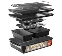 Bakken 8-Piece Ceramic Coated Bakeware Sets, Nonstick Aluminized Steel Pans with Muffin, Loaf, Cake, Roasting Pan, & Cooling Rack, Oven Safe Up To 500°F, Dishwasher Safe, BPA, PTFE & PFAS Free, Black