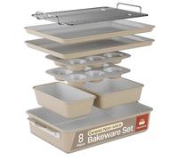 Bakken 8-Piece Ceramic Coated Bakeware Sets, Nonstick Aluminized Steel Pans with Muffin, Loaf, Cake, Roasting Pan, & Cooling Rack, Oven Safe Up To 500°F, Dishwasher Safe, BPA, PTFE & PFAS Free, Cream