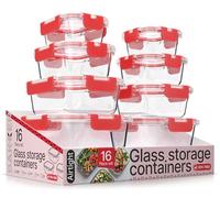 Bakken Borosilicate Glass Food Storage Containers with Lids 16 Pieces, BPA-Free Stackable Lunch & Leftover Containers, Microwave, Freezer & Dishwasher Safe, 100% Airtight Leak-Proof, Red