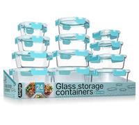 Bakken Borosilicate Glass Food Storage Containers with Lids 24 Pieces, BPA-Free Stackable Lunch & Leftover Containers, Microwave, Freezer & Dishwasher Safe, 100% Airtight Leak-Proof, Aqua