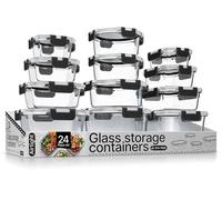 Bakken Borosilicate Glass Food Storage Containers with Lids 24 Pieces, BPA-Free Stackable Lunch & Leftover Containers, Microwave, Freezer & Dishwasher Safe, 100% Airtight Leak-Proof, Black
