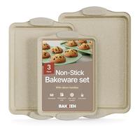 BAKKEN Cookie Sheets for Baking Nonstick Set - 3-Piece Stackable Carbon Steel Baking Sheet Pans Set with Silicone Handles, Non Toxic Cookie Sheets for Baking Bakeware Set - White Marble