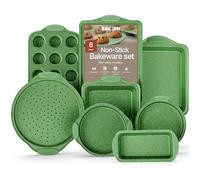 BAKKEN Kitchen Baking Pan Set - Nonstick Green Marble Coating, Carbon Steel Bakeware Sets with Green Silicone Handles, Kitchen Essentials, PFOA, PFOS, PTFE Free, Oven Safe (Up To 450° F), Set of 8