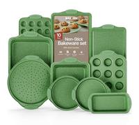 BAKKEN Kitchen Baking Pan Set - Nonstick Green Marble Coating, Carbon Steel Bakeware Sets with Green Silicone Handles, Kitchen Essentials, PFOA, PFOS, PTFE Free, Oven Safe (Up To 450° F), Set of 10